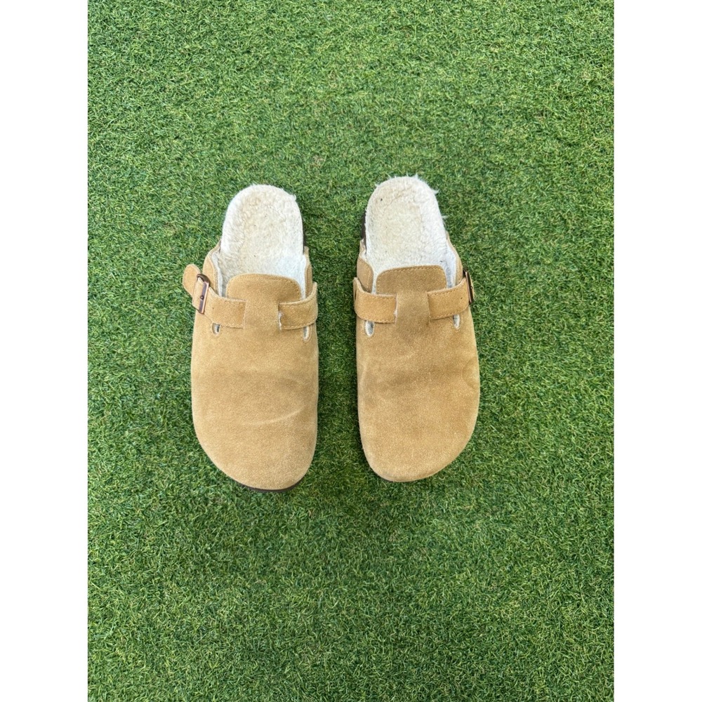 KIDMI Mens Suede Clogs Faux Shearling Lined Buckle Mules Tan Size 8